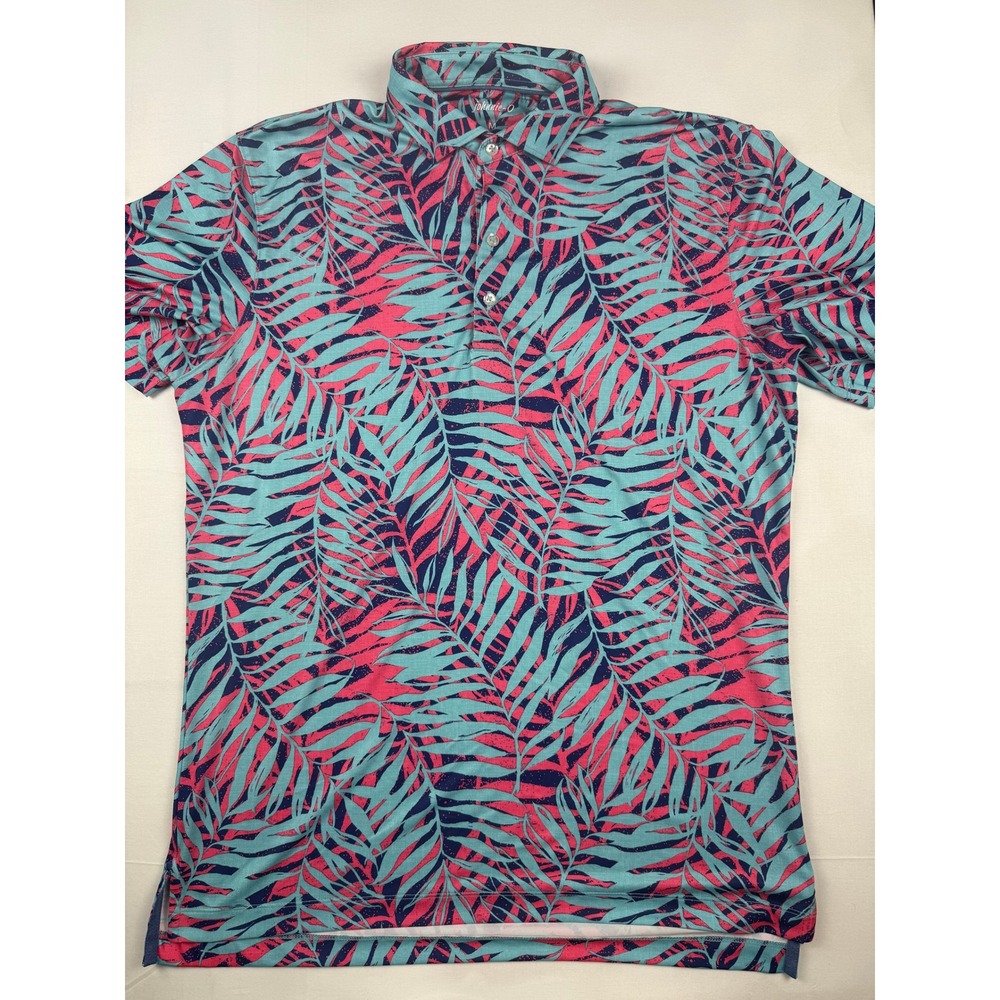 Johnnie-O Golf Polo Medium Teal Pink Palm Print Chambers Bay Performance Shirt